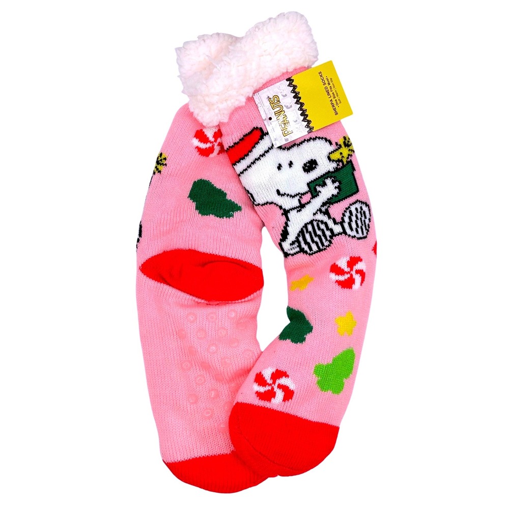 Peanuts Snoopy Christmas Holiday Pink Sherpa Lined‎ Cozy Socks New